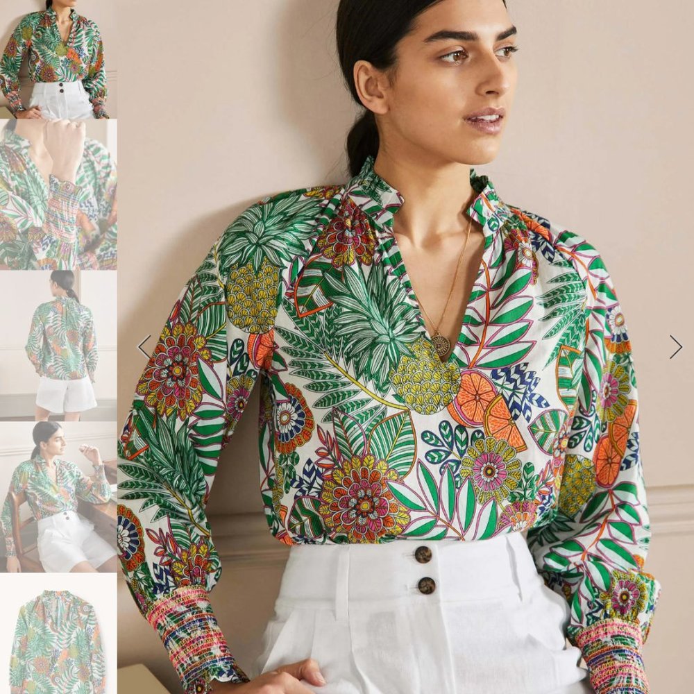 BODEN Smocked Cuff V-Neck Printed Top Ivory, Pineapple Bloom size US 16/18